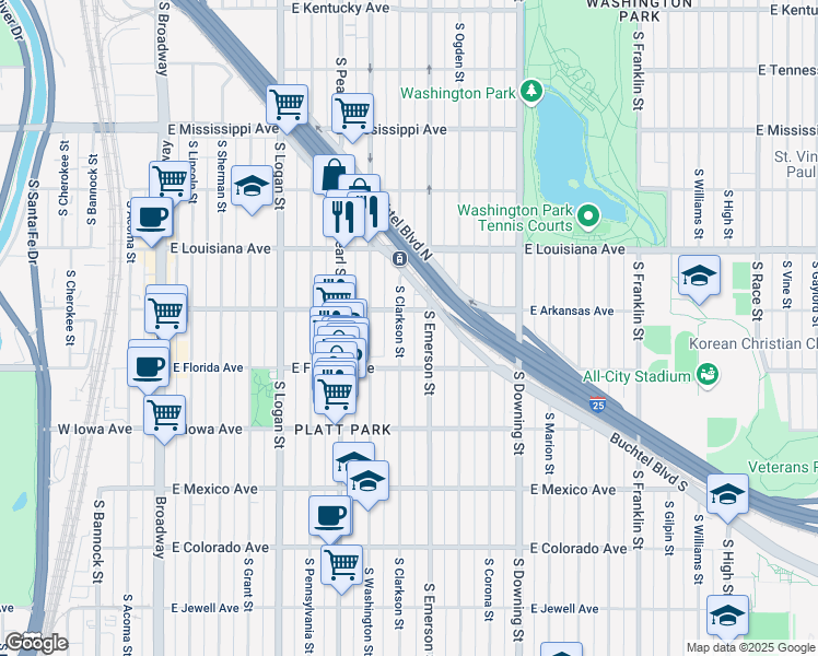 map of restaurants, bars, coffee shops, grocery stores, and more near 1464 South Clarkson Street in Denver