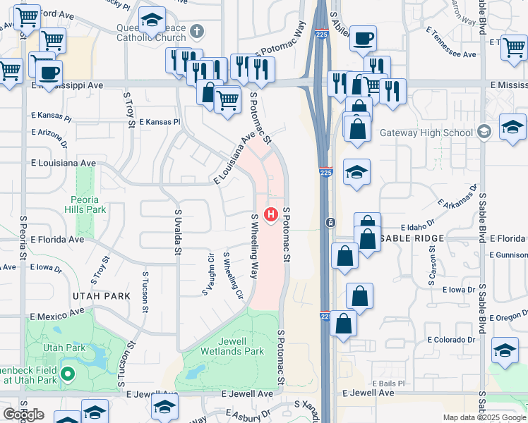 map of restaurants, bars, coffee shops, grocery stores, and more near 1421 South Potomac Street in Aurora