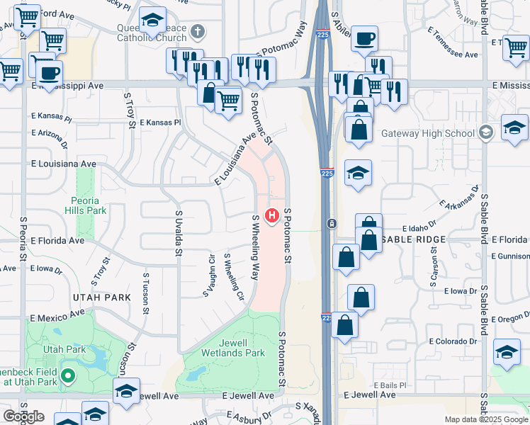 map of restaurants, bars, coffee shops, grocery stores, and more near 1421 South Potomac Street in Aurora