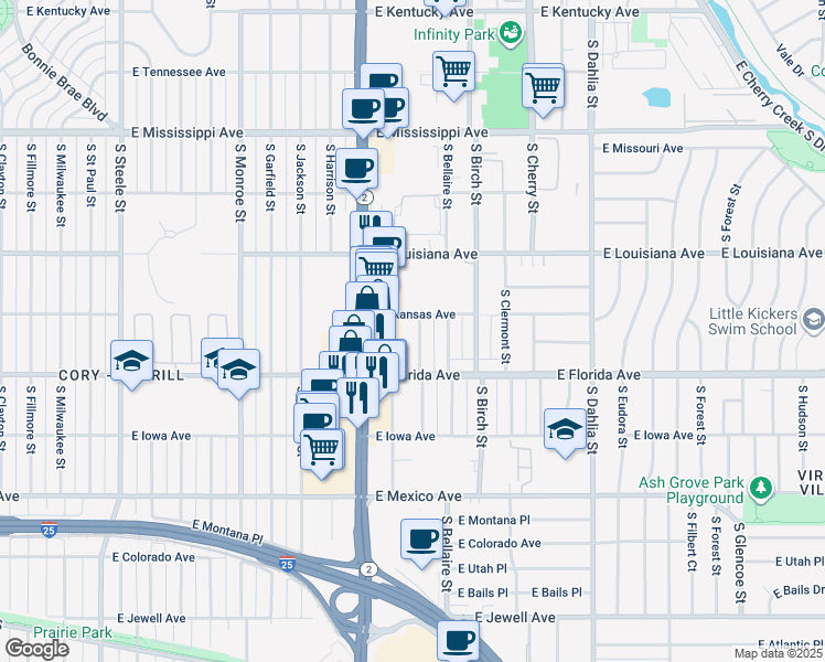 map of restaurants, bars, coffee shops, grocery stores, and more near 1470 South Ash Street in Denver