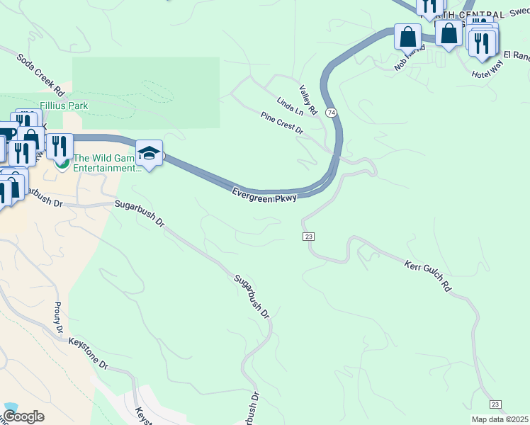 map of restaurants, bars, coffee shops, grocery stores, and more near 30255 Telluride Lane in Evergreen