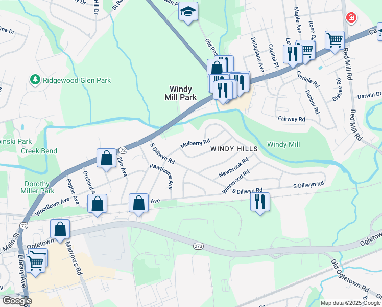 map of restaurants, bars, coffee shops, grocery stores, and more near 18 South Dillwyn Road in Newark