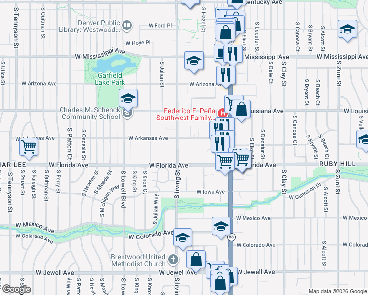 map of restaurants, bars, coffee shops, grocery stores, and more near 3255 West Florida Avenue in Denver