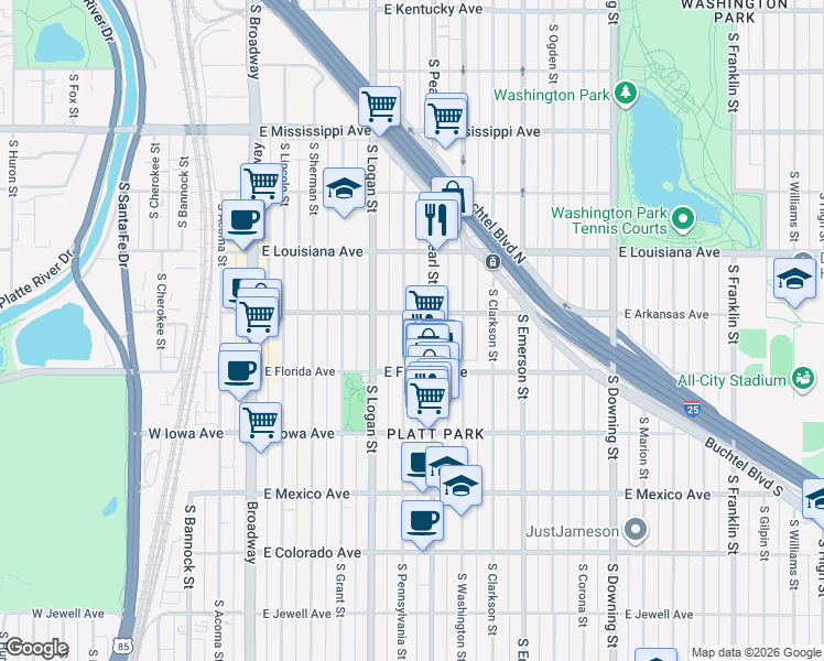 map of restaurants, bars, coffee shops, grocery stores, and more near 1461 South Pennsylvania Street in Denver