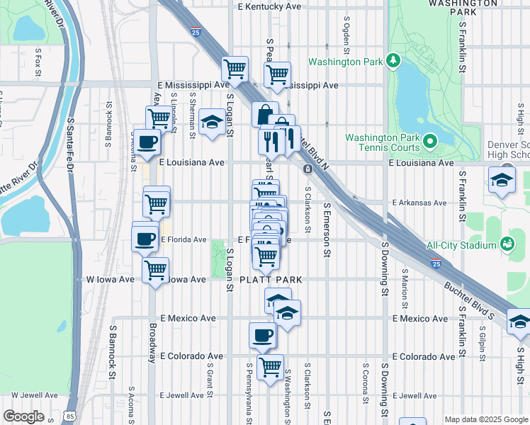map of restaurants, bars, coffee shops, grocery stores, and more near 1527 South Pearl Street in Denver