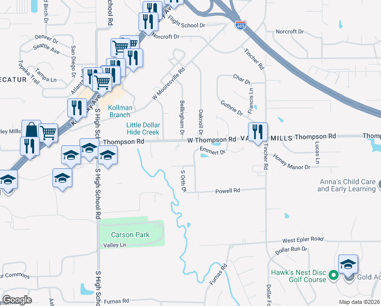 map of restaurants, bars, coffee shops, grocery stores, and more near 5814 Emmert Way in Indianapolis