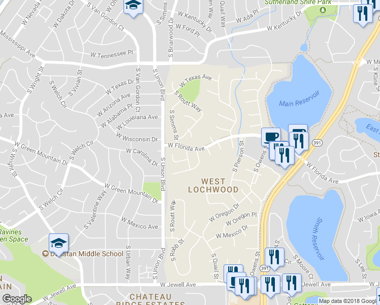 map of restaurants, bars, coffee shops, grocery stores, and more near 1557 South Queen Court in Denver