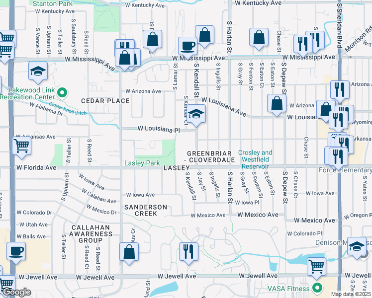 map of restaurants, bars, coffee shops, grocery stores, and more near 1401 South Kendall Street in Lakewood
