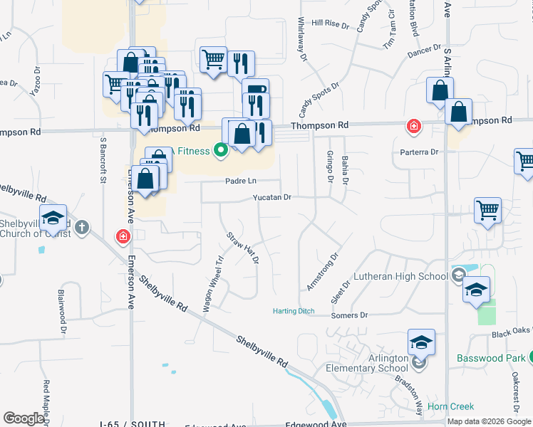 map of restaurants, bars, coffee shops, grocery stores, and more near 5422 Pecos Court in Indianapolis