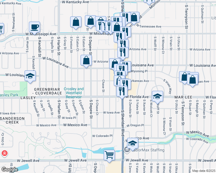 map of restaurants, bars, coffee shops, grocery stores, and more near 1475 South Benton Street in Lakewood