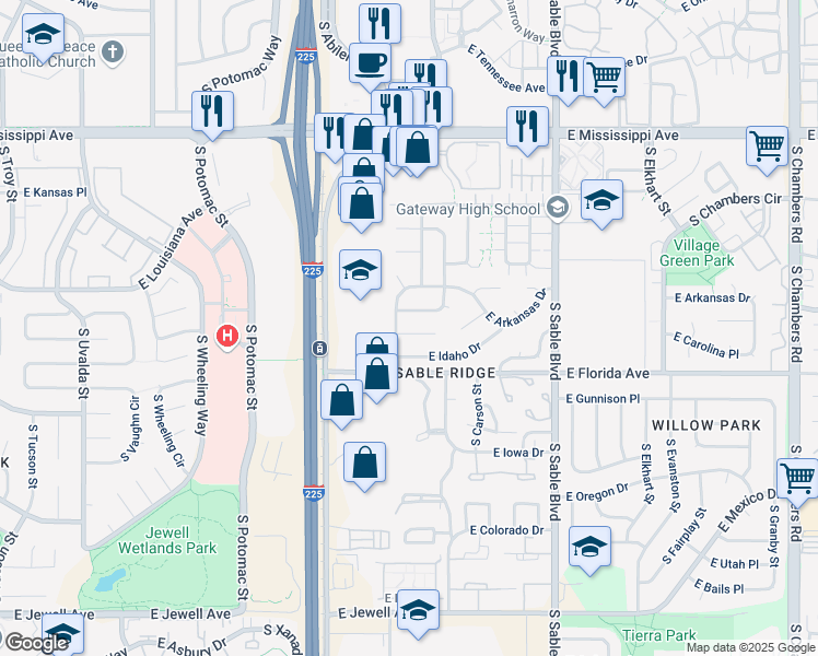 map of restaurants, bars, coffee shops, grocery stores, and more near 14009 East Idaho Drive in Aurora