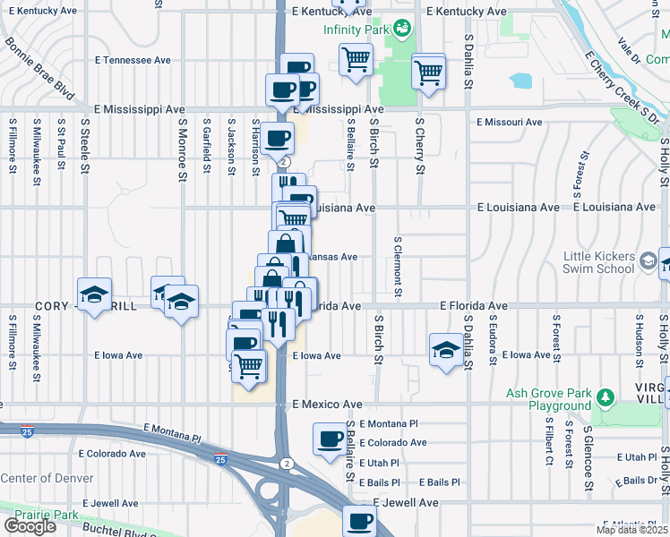 map of restaurants, bars, coffee shops, grocery stores, and more near 1470 South Ash Street in Denver