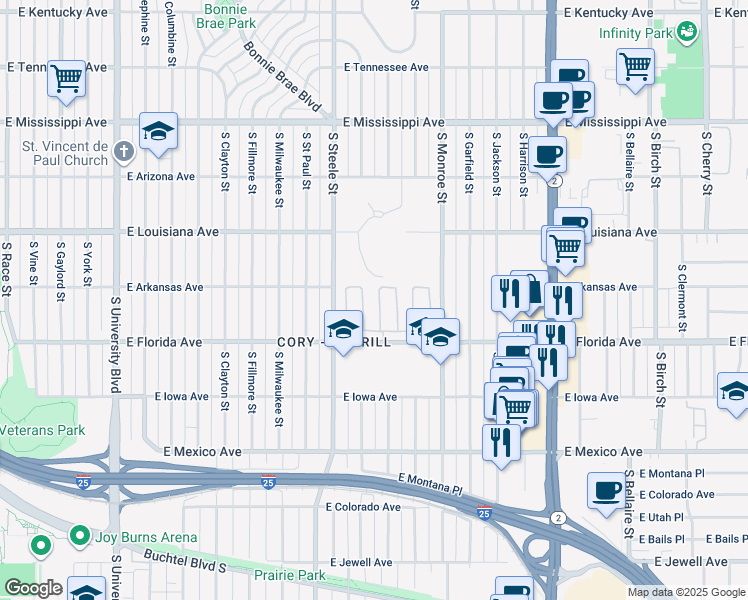 map of restaurants, bars, coffee shops, grocery stores, and more near 3201 East Florida Avenue in Denver