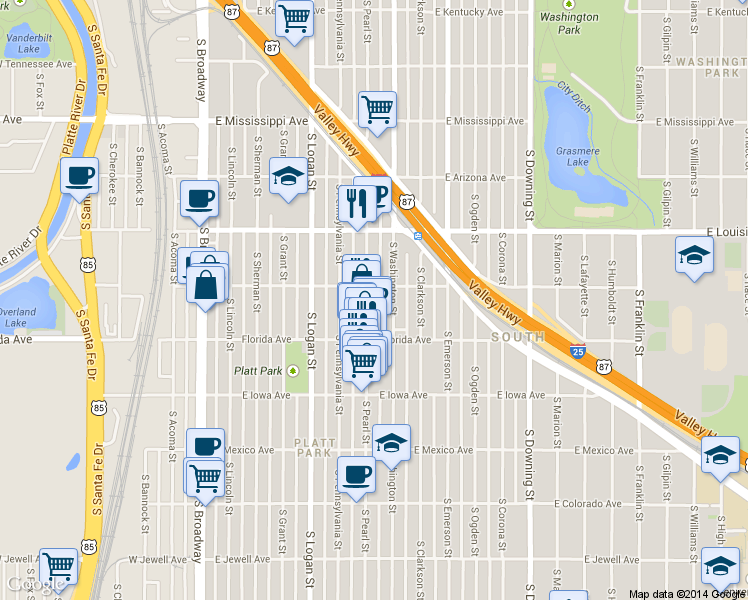 map of restaurants, bars, coffee shops, grocery stores, and more near 1527 South Pearl Street in Denver