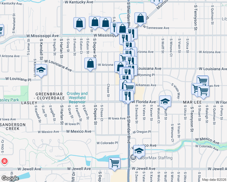 map of restaurants, bars, coffee shops, grocery stores, and more near 1475 South Benton Street in Lakewood