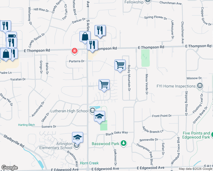 map of restaurants, bars, coffee shops, grocery stores, and more near 5335 Thornridge Lane in Indianapolis