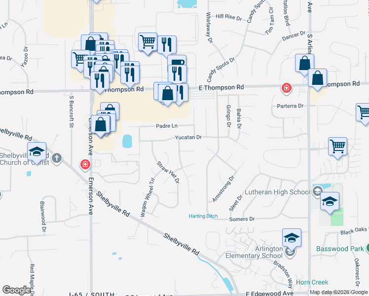 map of restaurants, bars, coffee shops, grocery stores, and more near 5309 Chisolm Trail in Indianapolis