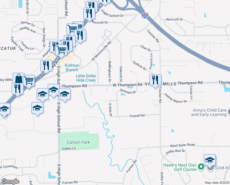 map of restaurants, bars, coffee shops, grocery stores, and more near 5814 Emmert Way in Indianapolis