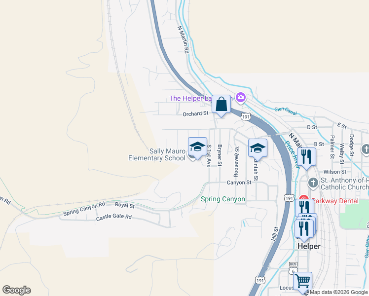map of restaurants, bars, coffee shops, grocery stores, and more near 20 2nd Avenue in Helper