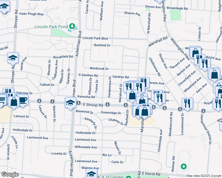 map of restaurants, bars, coffee shops, grocery stores, and more near 3884 Gardenview Place in Dayton