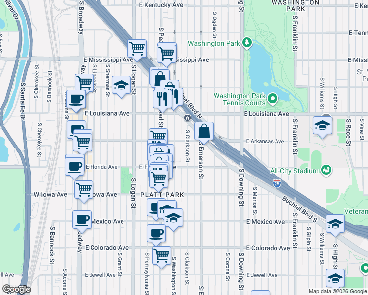 map of restaurants, bars, coffee shops, grocery stores, and more near 1464 South Washington Street in Denver
