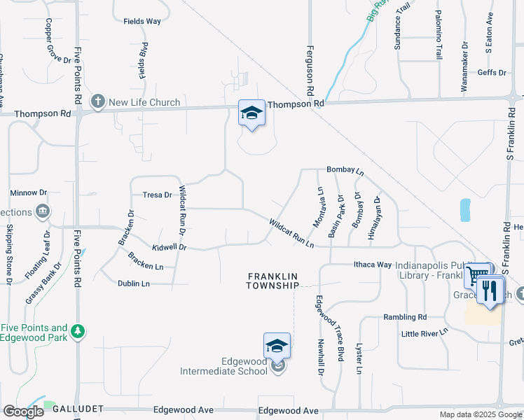 map of restaurants, bars, coffee shops, grocery stores, and more near 7542 Wildcat Run Lane in Indianapolis