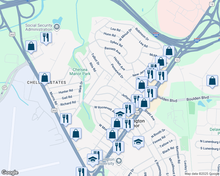 map of restaurants, bars, coffee shops, grocery stores, and more near 311 Jefferson Avenue in Wilmington Manor