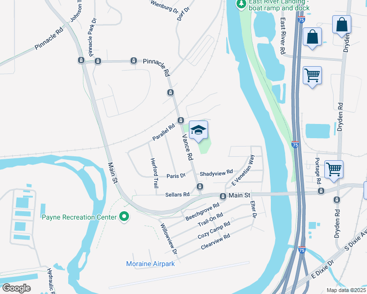 map of restaurants, bars, coffee shops, grocery stores, and more near 3924 Angus Lane in Moraine