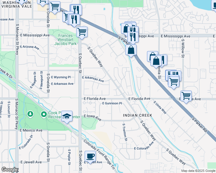 map of restaurants, bars, coffee shops, grocery stores, and more near 7575 East Arkansas Avenue in Denver