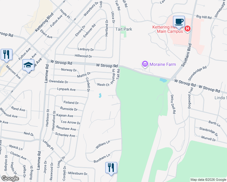 map of restaurants, bars, coffee shops, grocery stores, and more near 4075 Southern Boulevard in Dayton