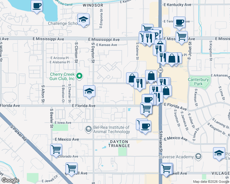 map of restaurants, bars, coffee shops, grocery stores, and more near 9911 East Idaho Circle in Denver