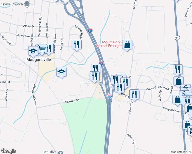 map of restaurants, bars, coffee shops, grocery stores, and more near 18234 Maugans Avenue in Hagerstown