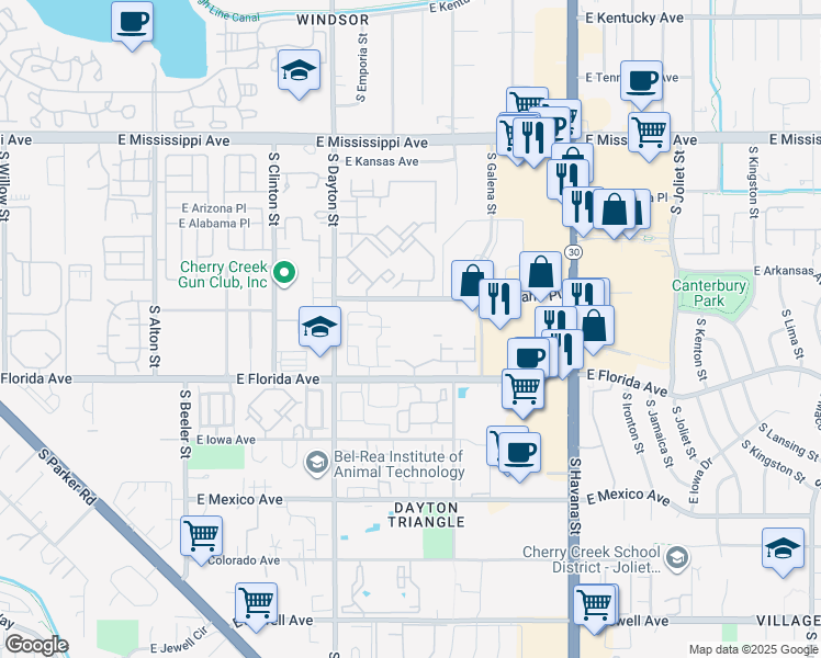 map of restaurants, bars, coffee shops, grocery stores, and more near 9911 East Idaho Circle in Denver