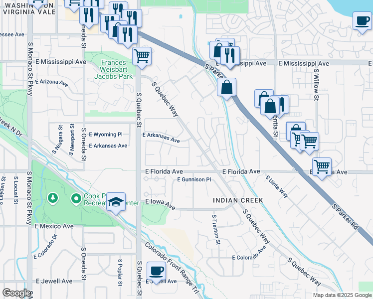 map of restaurants, bars, coffee shops, grocery stores, and more near 7575 East Arkansas Avenue in Denver