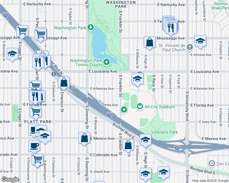 map of restaurants, bars, coffee shops, grocery stores, and more near 1383 South Humboldt Street in Denver