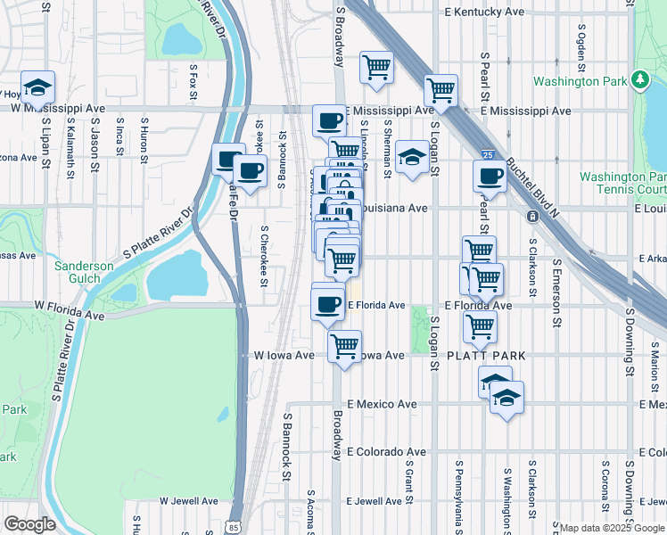 map of restaurants, bars, coffee shops, grocery stores, and more near 1395 South Broadway in Denver
