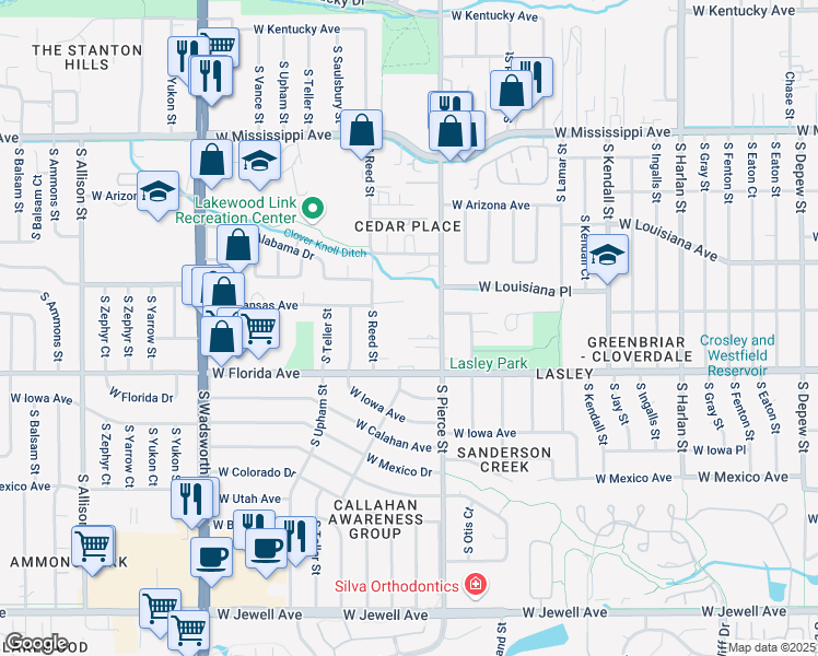 map of restaurants, bars, coffee shops, grocery stores, and more near 1400 South Reed Street in Lakewood