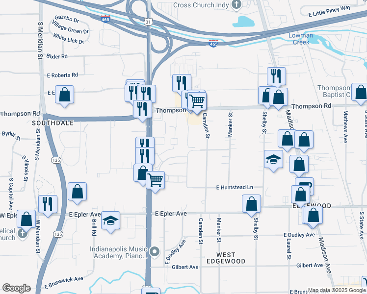 map of restaurants, bars, coffee shops, grocery stores, and more near 5105 Turtle Creek Court in Indianapolis