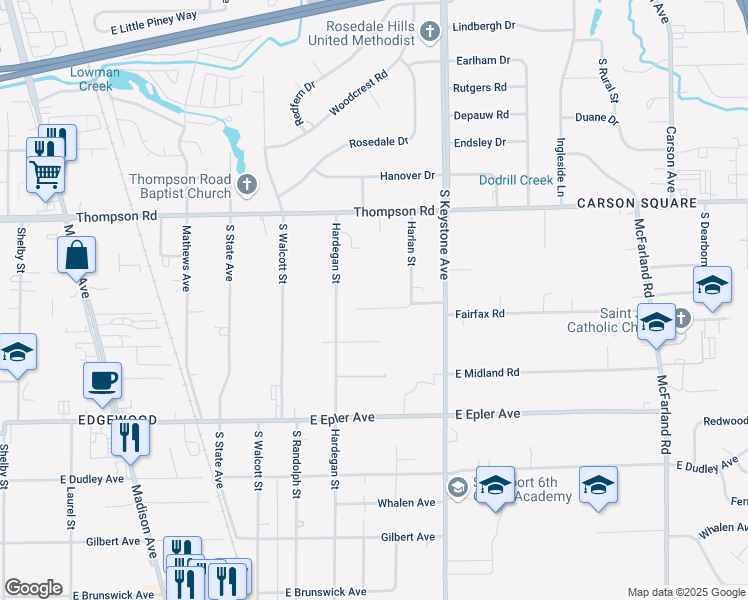 map of restaurants, bars, coffee shops, grocery stores, and more near 4921 Hardegan Street in Indianapolis