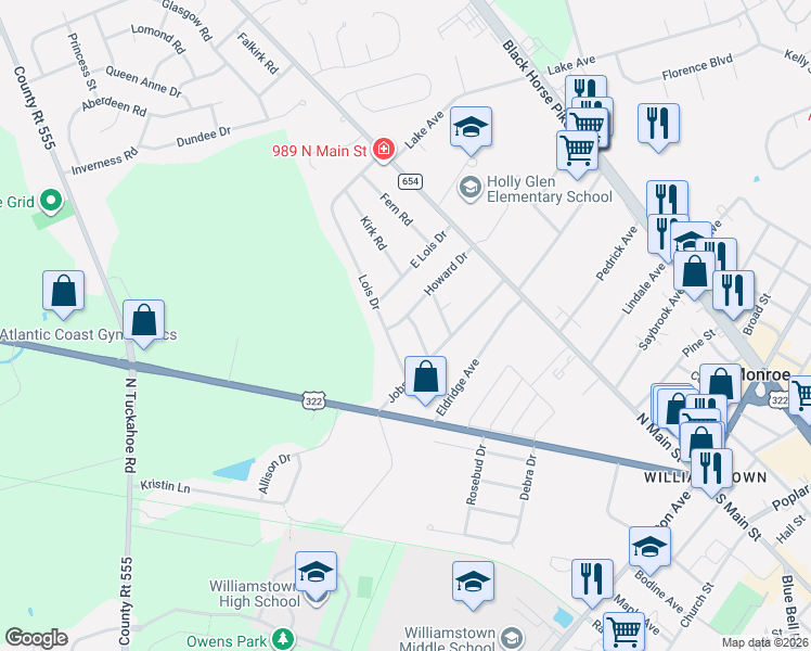 map of restaurants, bars, coffee shops, grocery stores, and more near 200 Howard Drive in Monroe