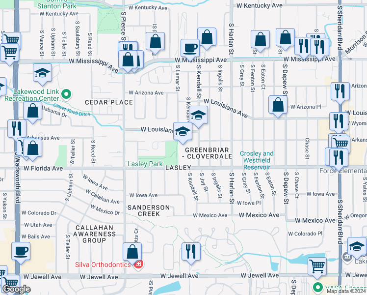 map of restaurants, bars, coffee shops, grocery stores, and more near 1401 South Kendall Street in Lakewood