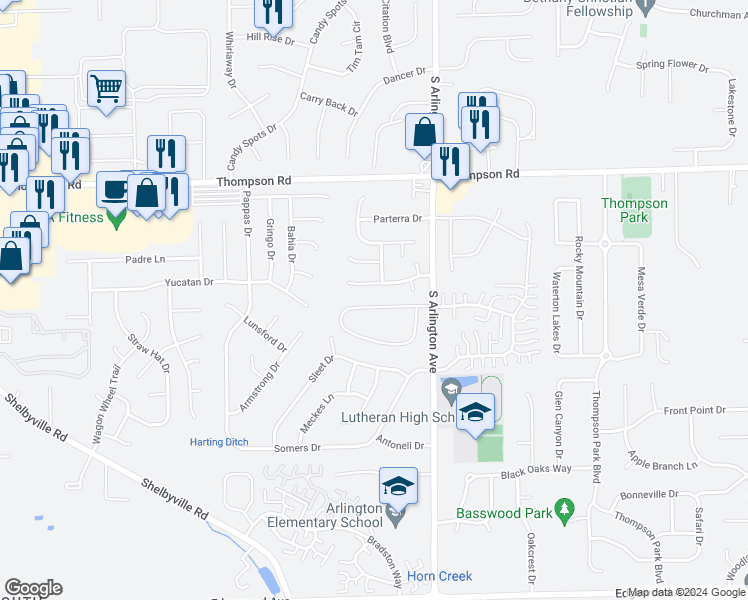 map of restaurants, bars, coffee shops, grocery stores, and more near 5844 Timber Lake Boulevard in Indianapolis