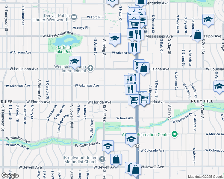 map of restaurants, bars, coffee shops, grocery stores, and more near 3185 West Arkansas Avenue in Denver