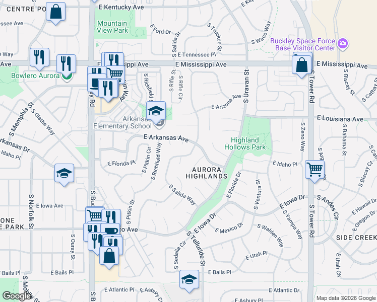 map of restaurants, bars, coffee shops, grocery stores, and more near 1519 South Salida Way in Aurora