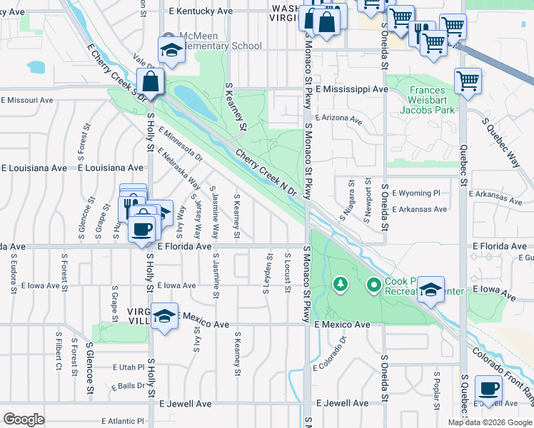 map of restaurants, bars, coffee shops, grocery stores, and more near 6205 East Minnesota Drive in Denver