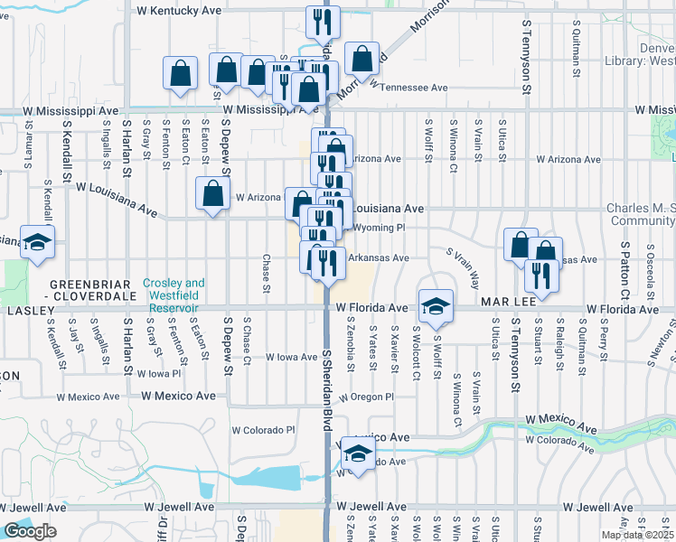 map of restaurants, bars, coffee shops, grocery stores, and more near 5127 West Arkansas Avenue in Denver