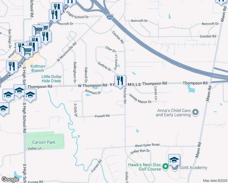 map of restaurants, bars, coffee shops, grocery stores, and more near 5510 Orth Court in Indianapolis