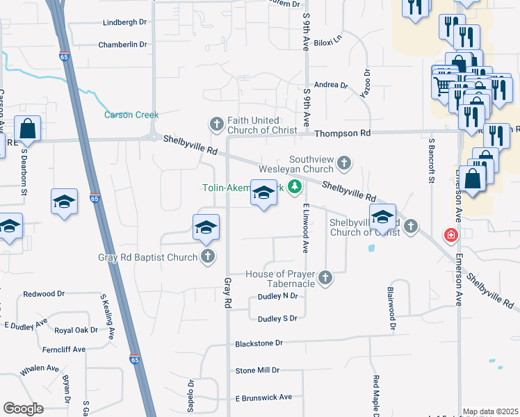 map of restaurants, bars, coffee shops, grocery stores, and more near 5225 Gray Road in Indianapolis