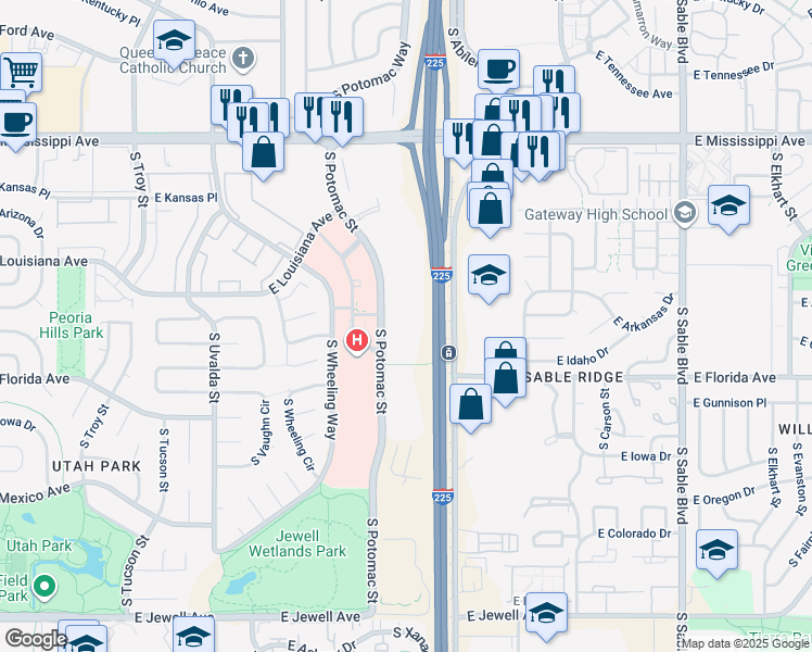 map of restaurants, bars, coffee shops, grocery stores, and more near 1390 South Potomac Street in Aurora
