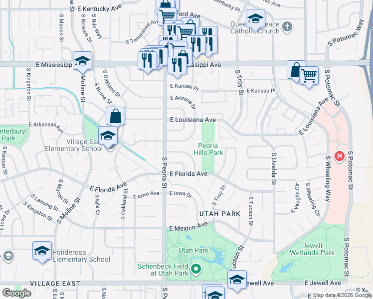 map of restaurants, bars, coffee shops, grocery stores, and more near 12220 East Arkansas Avenue in Aurora